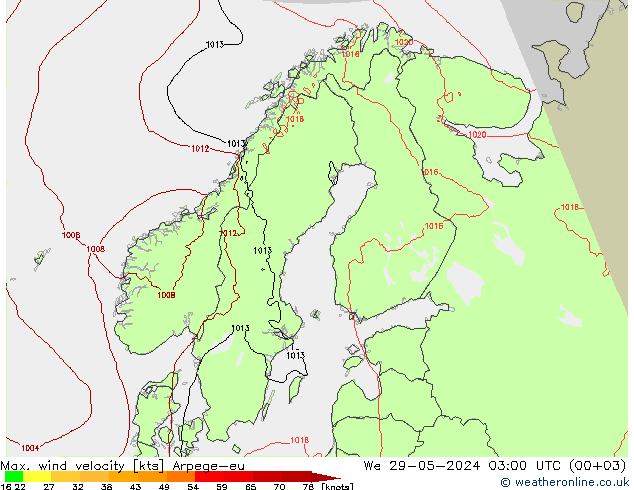 Max. wind snelheid Arpege-eu wo 29.05.2024 03 UTC
