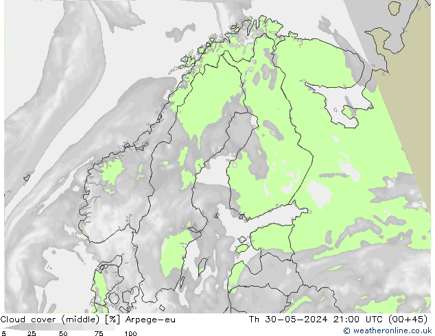 oblačnosti uprostřed Arpege-eu Čt 30.05.2024 21 UTC