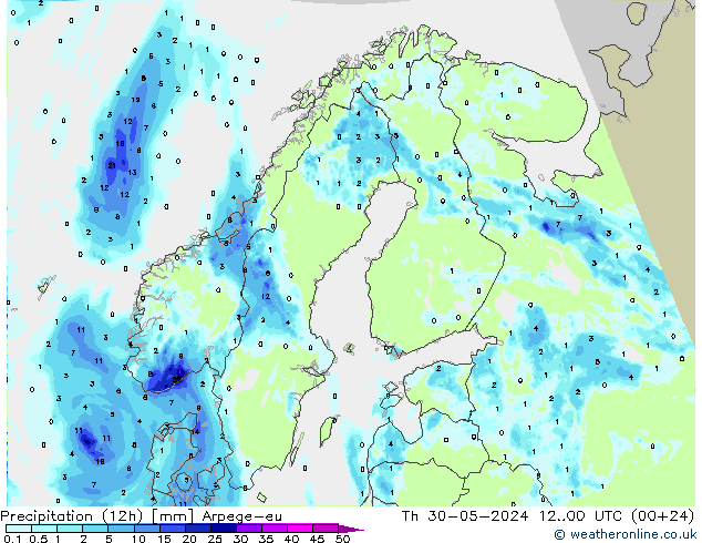 Totale neerslag (12h) Arpege-eu do 30.05.2024 00 UTC