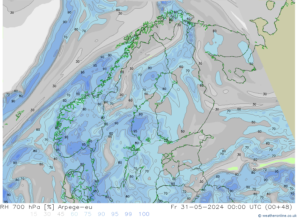 RH 700 гПа Arpege-eu пт 31.05.2024 00 UTC