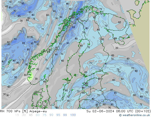 RH 700 hPa Arpege-eu So 02.06.2024 06 UTC