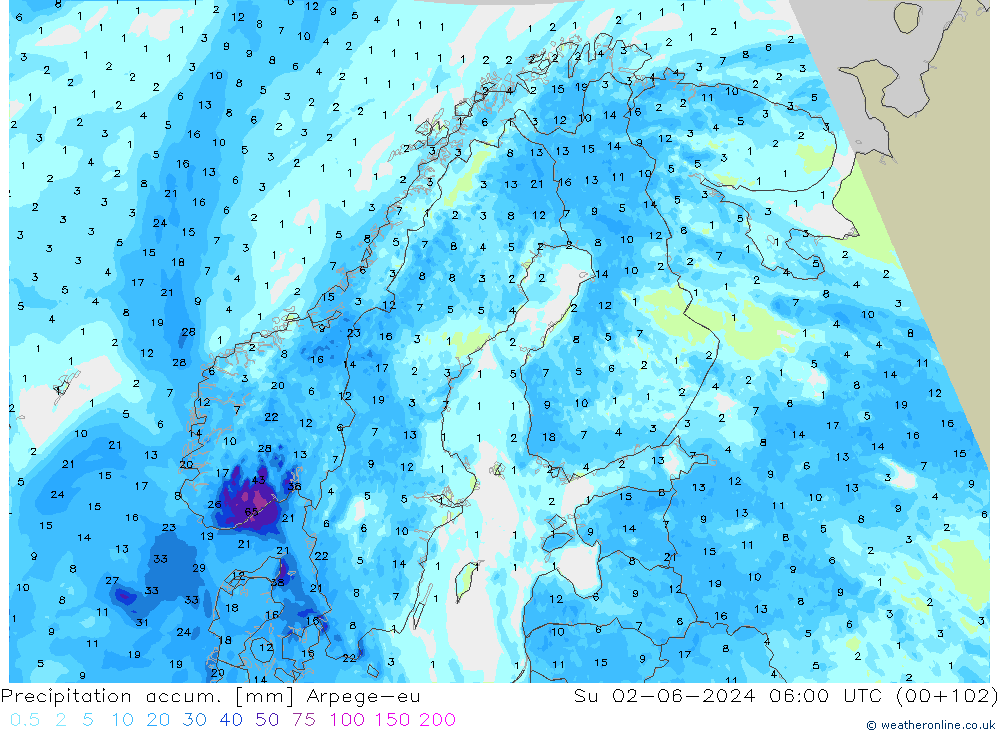 Totale neerslag Arpege-eu zo 02.06.2024 06 UTC