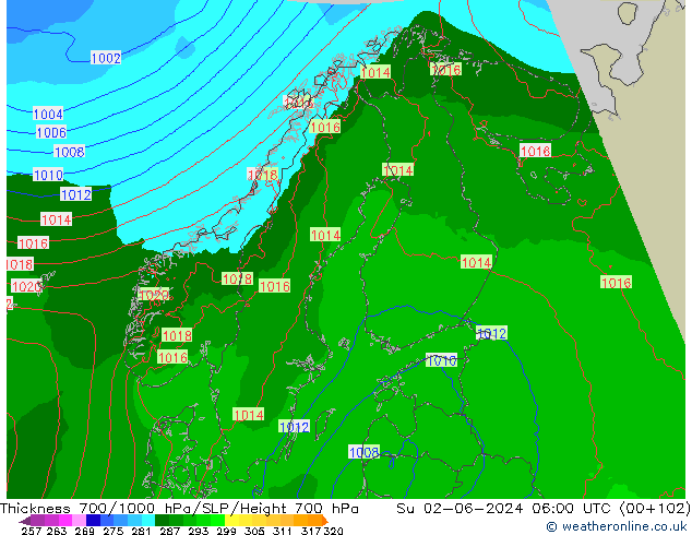 Thck 700-1000 hPa Arpege-eu Su 02.06.2024 06 UTC