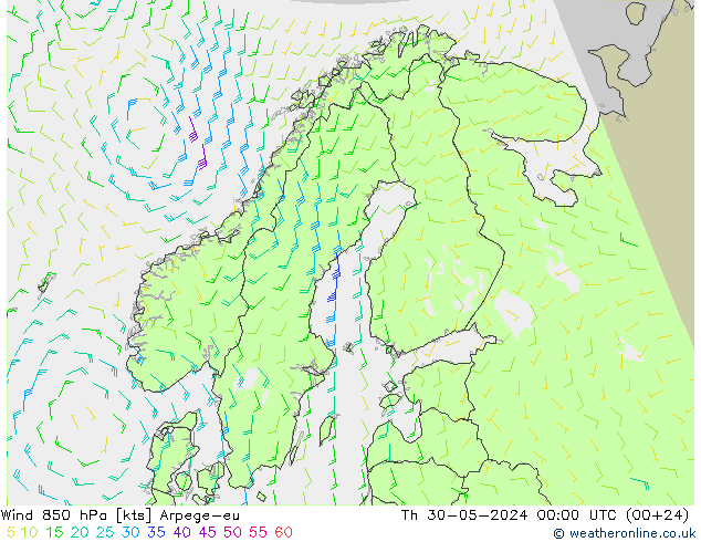 Vento 850 hPa Arpege-eu gio 30.05.2024 00 UTC