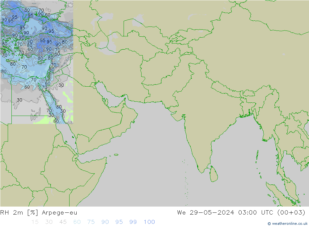 Humedad rel. 2m Arpege-eu mié 29.05.2024 03 UTC