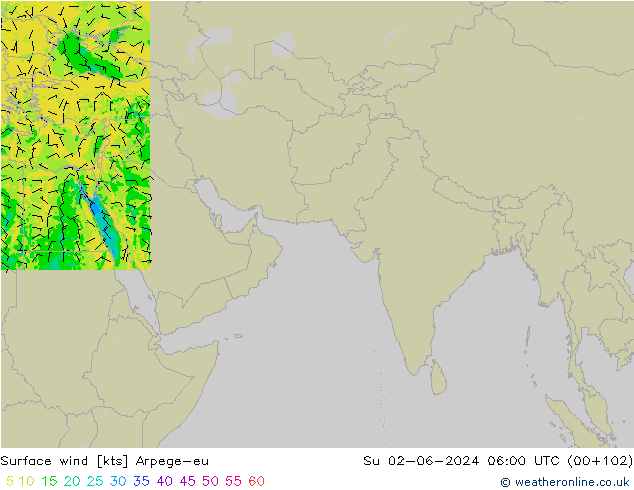Wind 10 m Arpege-eu zo 02.06.2024 06 UTC