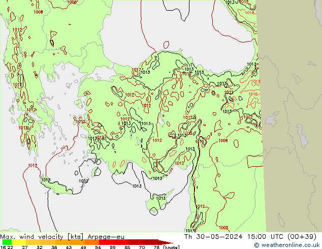 Max. wind velocity Arpege-eu gio 30.05.2024 15 UTC