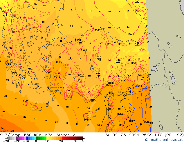 SLP/Temp. 850 hPa Arpege-eu Su 02.06.2024 06 UTC