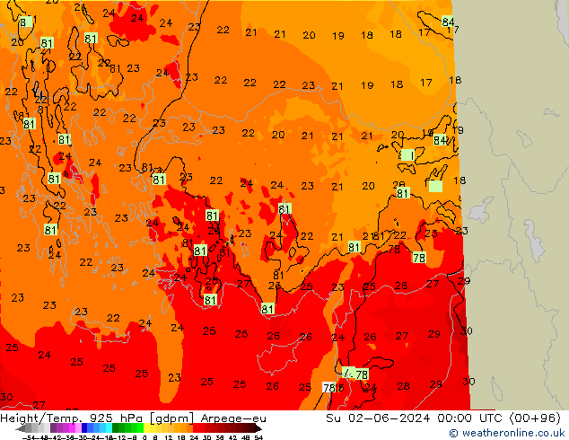 Height/Temp. 925 hPa Arpege-eu Su 02.06.2024 00 UTC