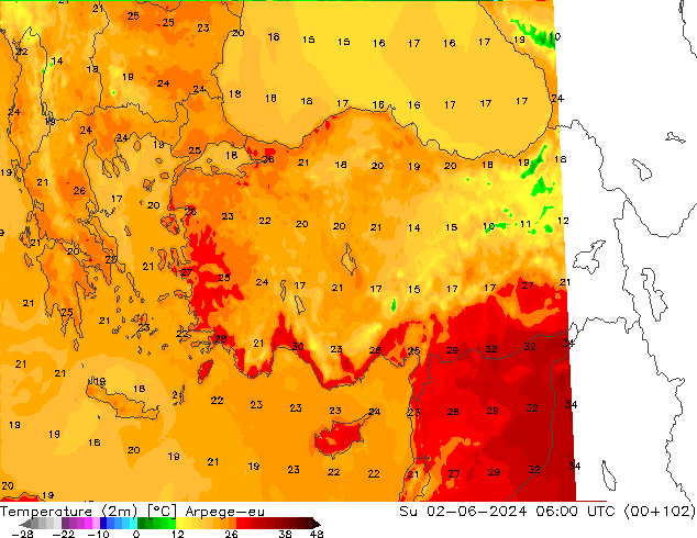 Sıcaklık Haritası (2m) Arpege-eu Paz 02.06.2024 06 UTC