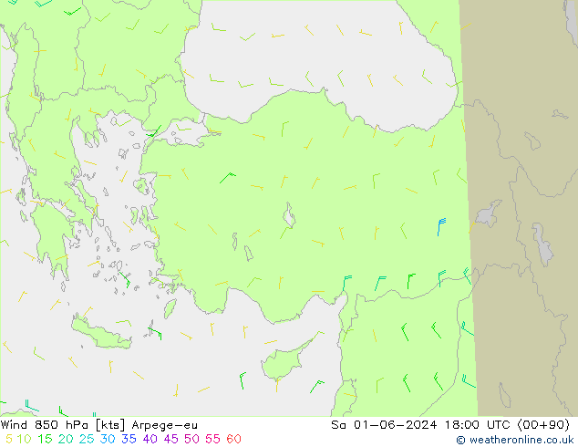 wiatr 850 hPa Arpege-eu so. 01.06.2024 18 UTC