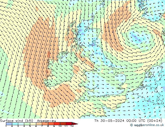 Surface wind (bft) Arpege-eu Th 30.05.2024 00 UTC