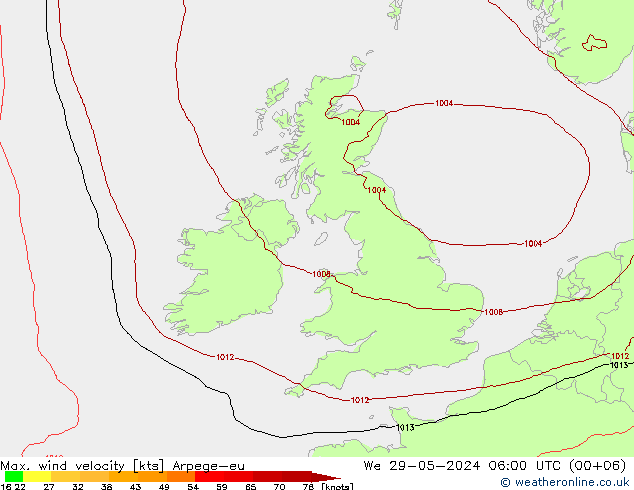 Max. wind velocity Arpege-eu We 29.05.2024 06 UTC