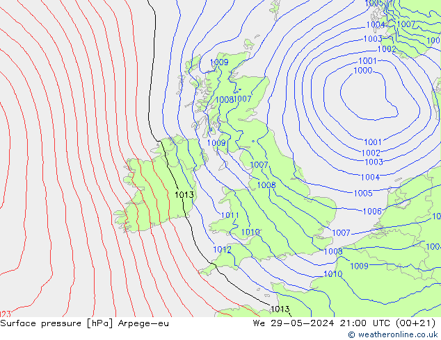 Atmosférický tlak Arpege-eu St 29.05.2024 21 UTC