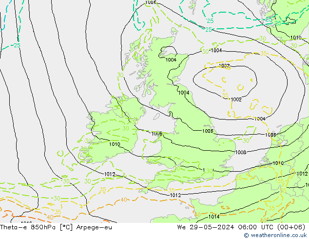 Theta-e 850hPa Arpege-eu mer 29.05.2024 06 UTC