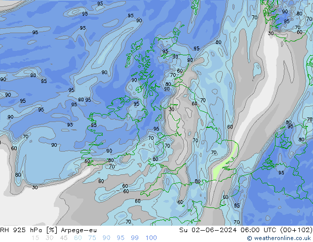 Humidité rel. 925 hPa Arpege-eu dim 02.06.2024 06 UTC