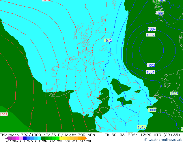 Thck 700-1000 hPa Arpege-eu Qui 30.05.2024 12 UTC