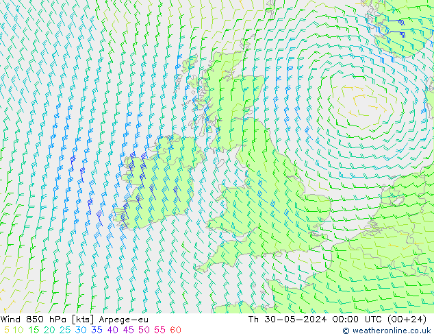 Wind 850 hPa Arpege-eu Th 30.05.2024 00 UTC