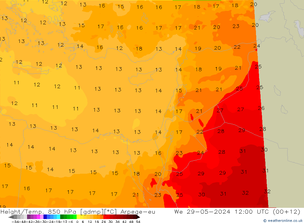 Height/Temp. 850 гПа Arpege-eu ср 29.05.2024 12 UTC