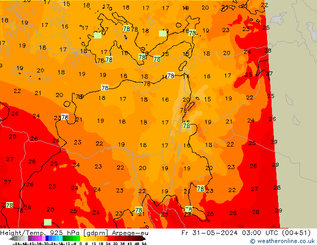 Hoogte/Temp. 925 hPa Arpege-eu vr 31.05.2024 03 UTC