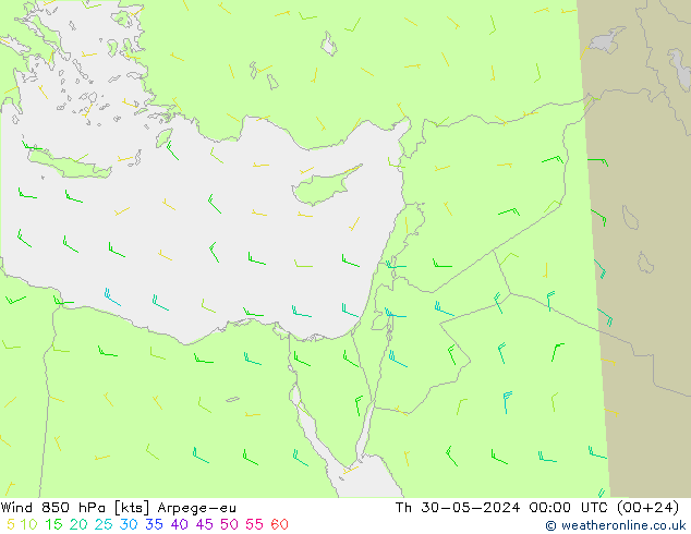 Vento 850 hPa Arpege-eu gio 30.05.2024 00 UTC