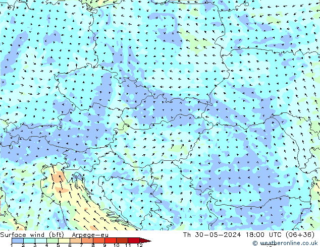 Surface wind (bft) Arpege-eu Th 30.05.2024 18 UTC