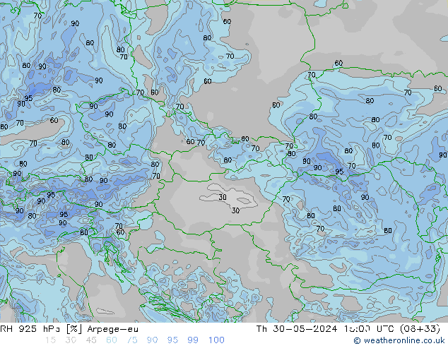 RH 925 hPa Arpege-eu Th 30.05.2024 15 UTC