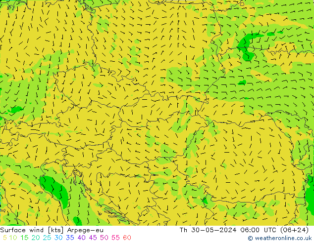 wiatr 10 m Arpege-eu czw. 30.05.2024 06 UTC