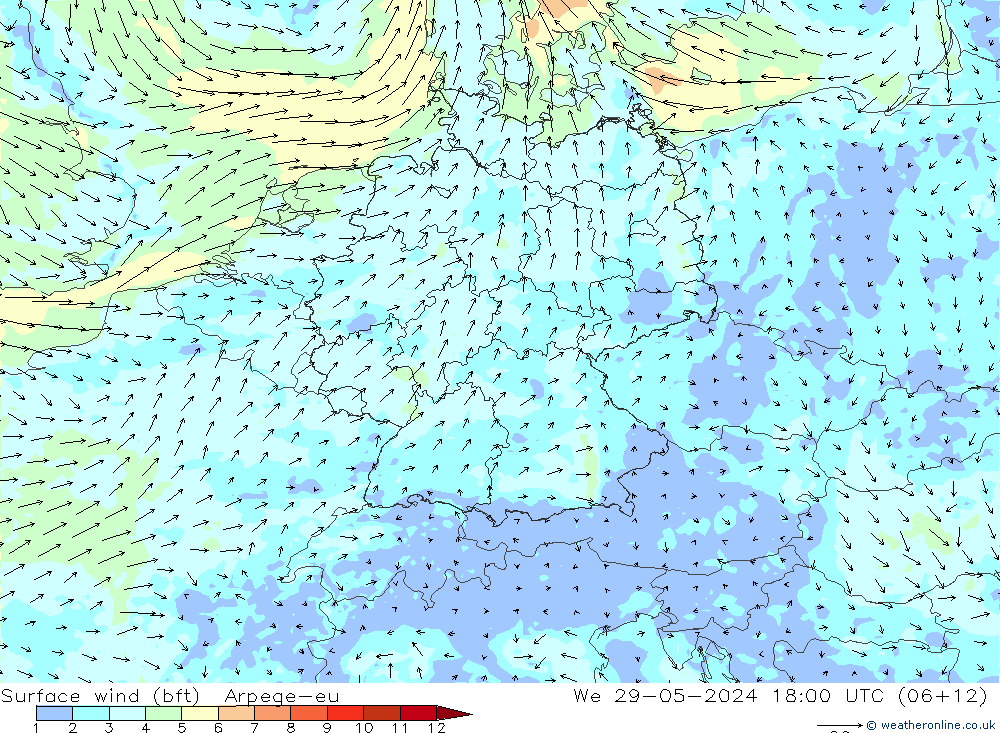 Bodenwind (bft) Arpege-eu Mi 29.05.2024 18 UTC