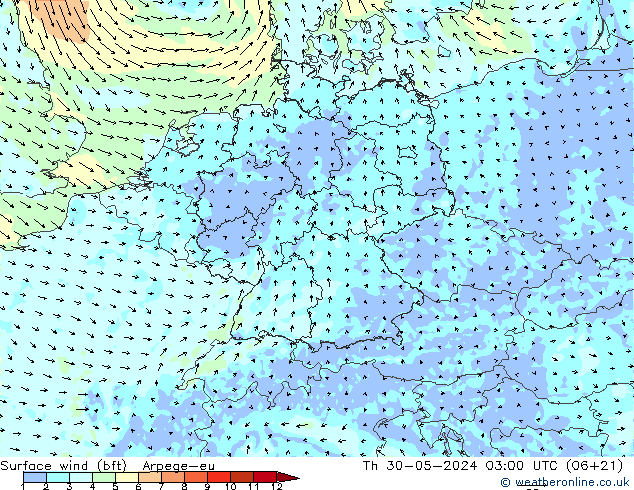 Vento 10 m (bft) Arpege-eu gio 30.05.2024 03 UTC