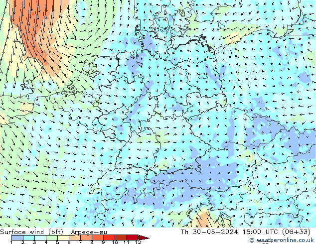 Surface wind (bft) Arpege-eu Th 30.05.2024 15 UTC