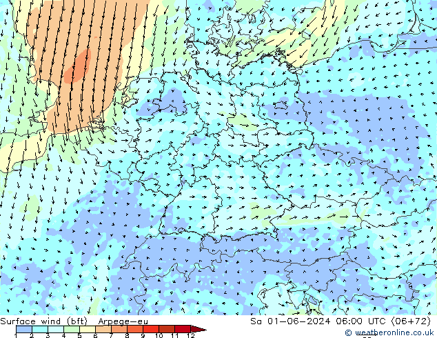 wiatr 10 m (bft) Arpege-eu so. 01.06.2024 06 UTC
