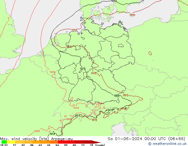 Max. wind velocity Arpege-eu so. 01.06.2024 00 UTC