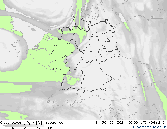 Cloud cover (high) Arpege-eu Th 30.05.2024 06 UTC