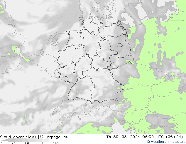 Cloud cover (low) Arpege-eu Th 30.05.2024 06 UTC