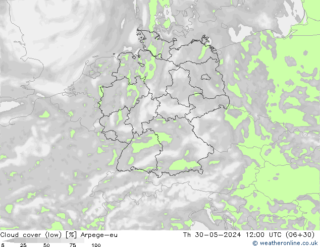 Cloud cover (low) Arpege-eu Th 30.05.2024 12 UTC