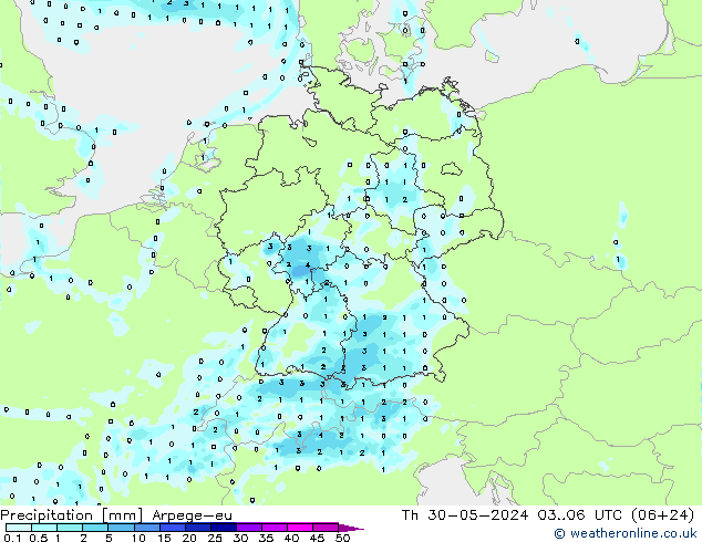 Precipitazione Arpege-eu gio 30.05.2024 06 UTC