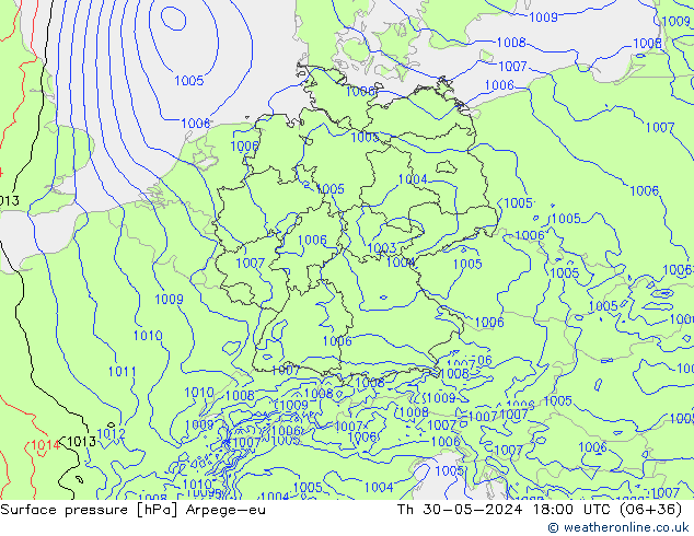 Presión superficial Arpege-eu jue 30.05.2024 18 UTC