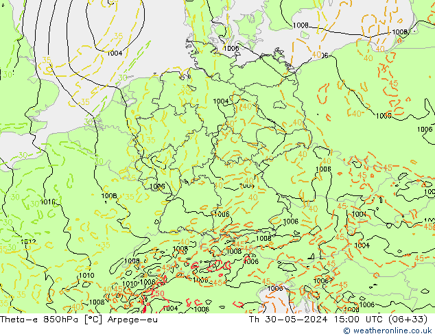 Theta-e 850hPa Arpege-eu Qui 30.05.2024 15 UTC