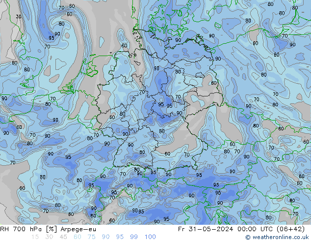 Humidité rel. 700 hPa Arpege-eu ven 31.05.2024 00 UTC