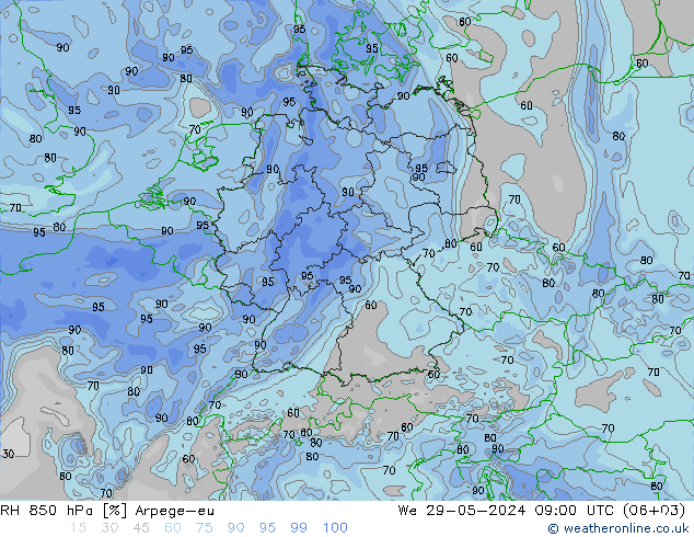 RH 850 hPa Arpege-eu Mi 29.05.2024 09 UTC