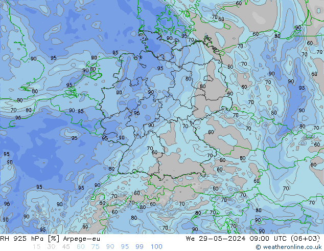 RH 925 hPa Arpege-eu Qua 29.05.2024 09 UTC