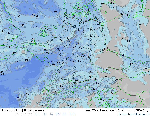 RH 925 гПа Arpege-eu ср 29.05.2024 21 UTC