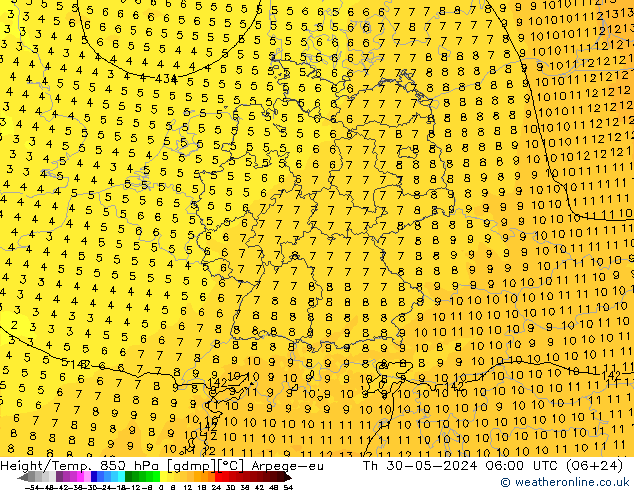 Géop./Temp. 850 hPa Arpege-eu jeu 30.05.2024 06 UTC