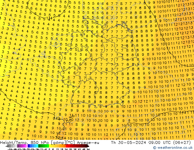 Height/Temp. 850 hPa Arpege-eu Th 30.05.2024 09 UTC