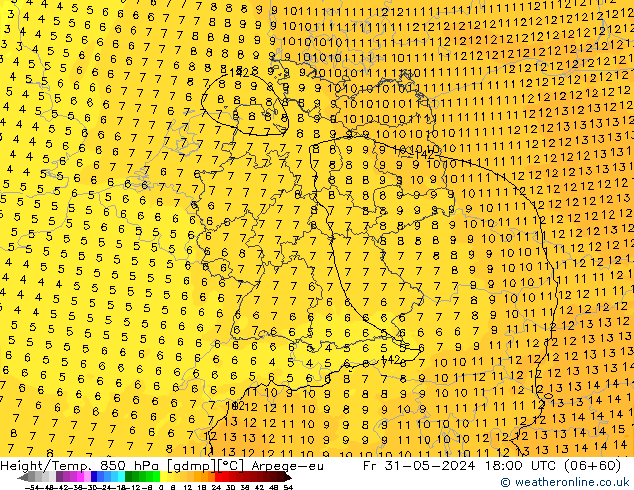 Height/Temp. 850 hPa Arpege-eu ven 31.05.2024 18 UTC