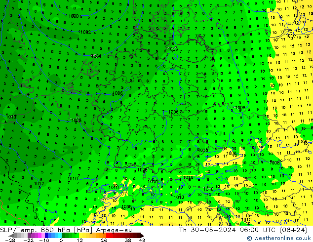 SLP/Temp. 850 гПа Arpege-eu чт 30.05.2024 06 UTC