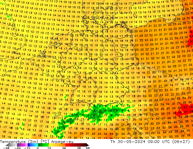 Temperatuurkaart (2m) Arpege-eu do 30.05.2024 09 UTC