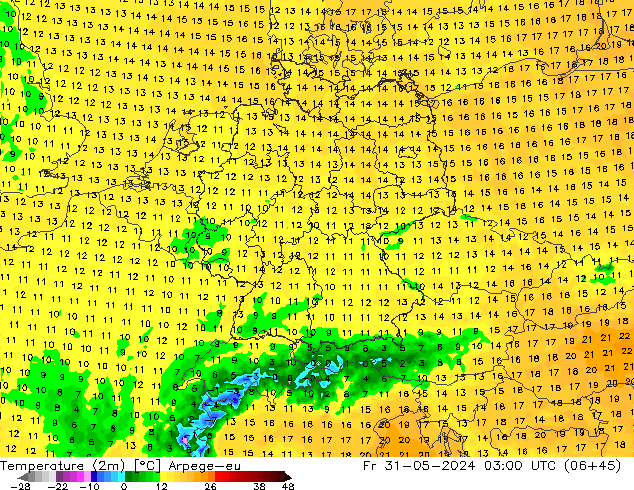 mapa temperatury (2m) Arpege-eu pt. 31.05.2024 03 UTC