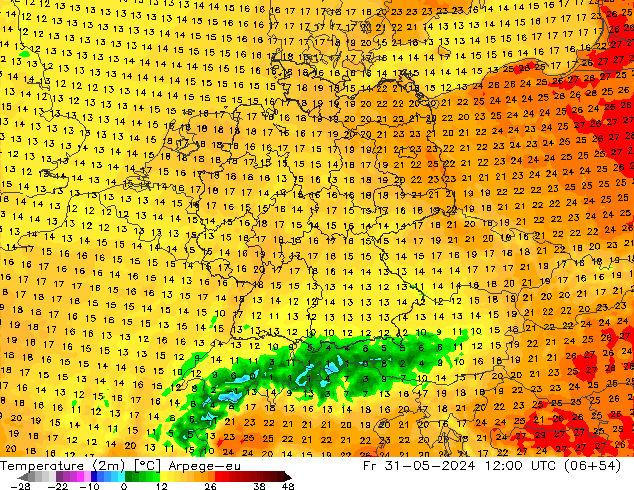 Temperatuurkaart (2m) Arpege-eu vr 31.05.2024 12 UTC